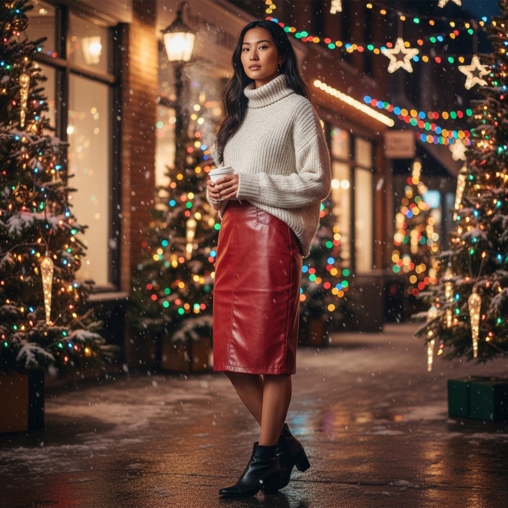 Festive Chic Red Faux Leather Pencil Skirt Midi Length Back Zip Women's Sz S/M
